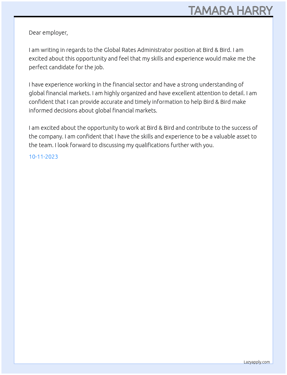 Global Rates Administrator At Bird & Bird Cover Letter