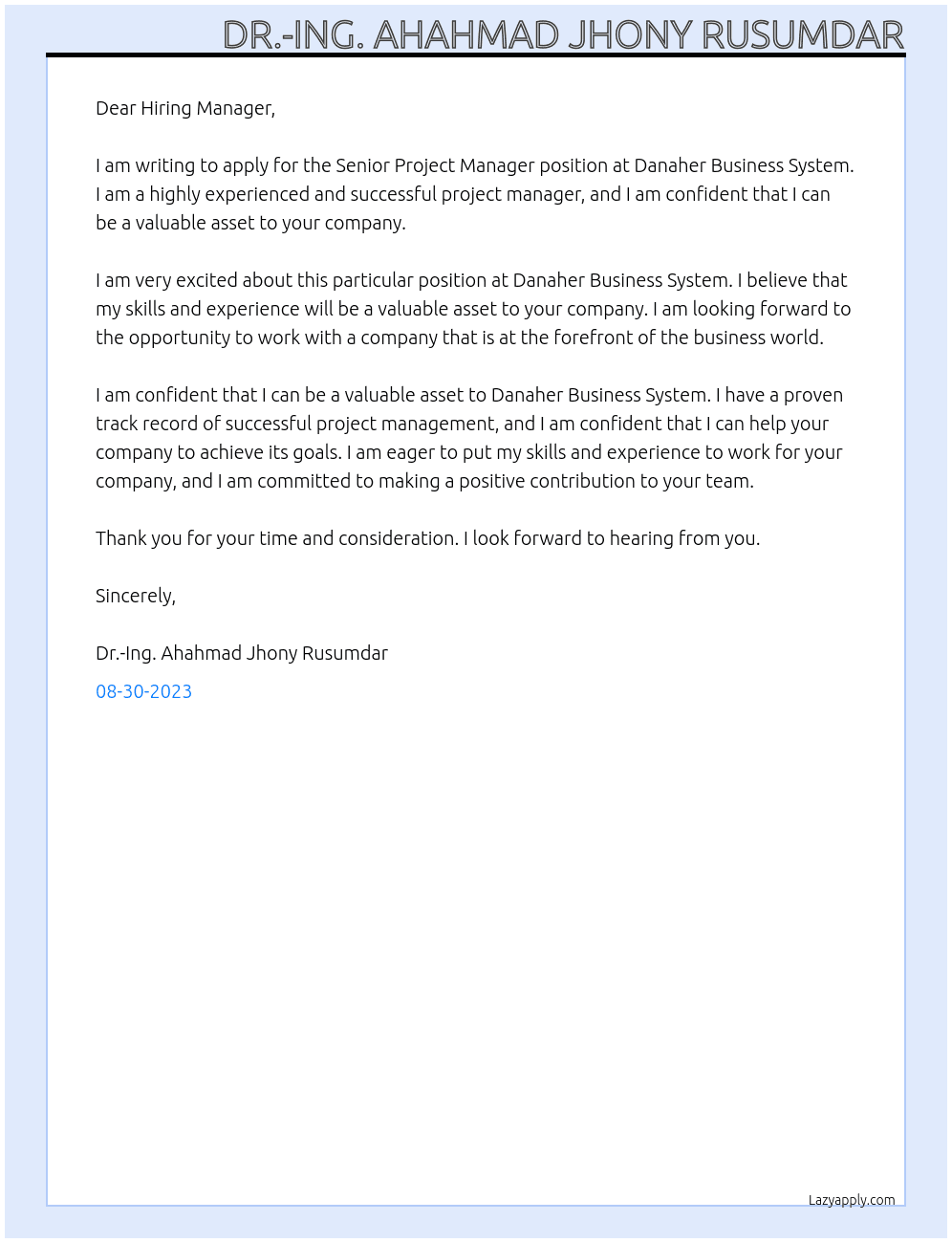 Senior Project Manager At  Danaher Business System Cover Letter