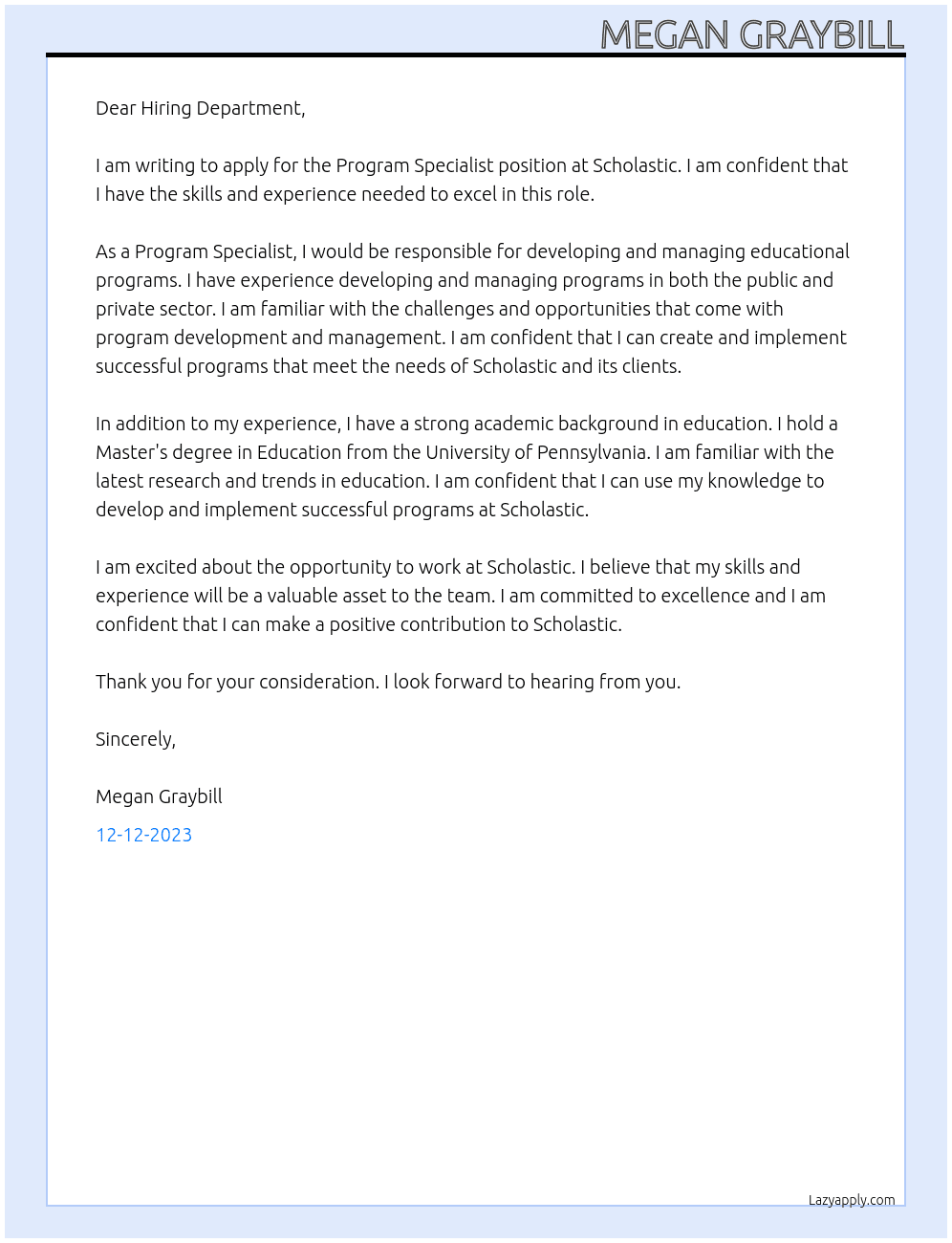 Program Specialist At Scholastic Cover Letter