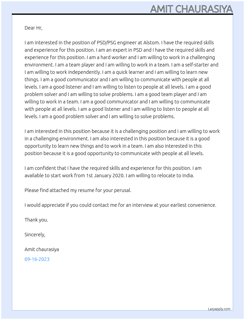 PSD/PSG engineer  At Alstom Cover Letter