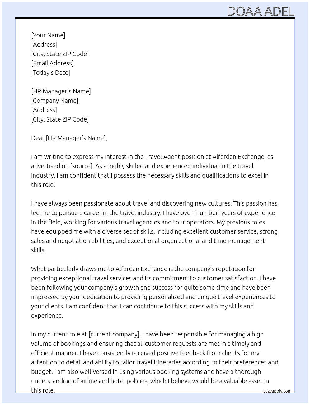 Travel agency  At alfardanexchange Cover Letter