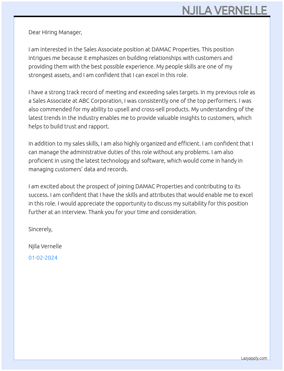 Sales associate  At DAMAC properties  Cover Letter