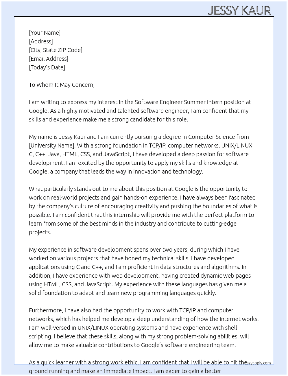 Software Engineer Summer Intern At Google Cover Letter
