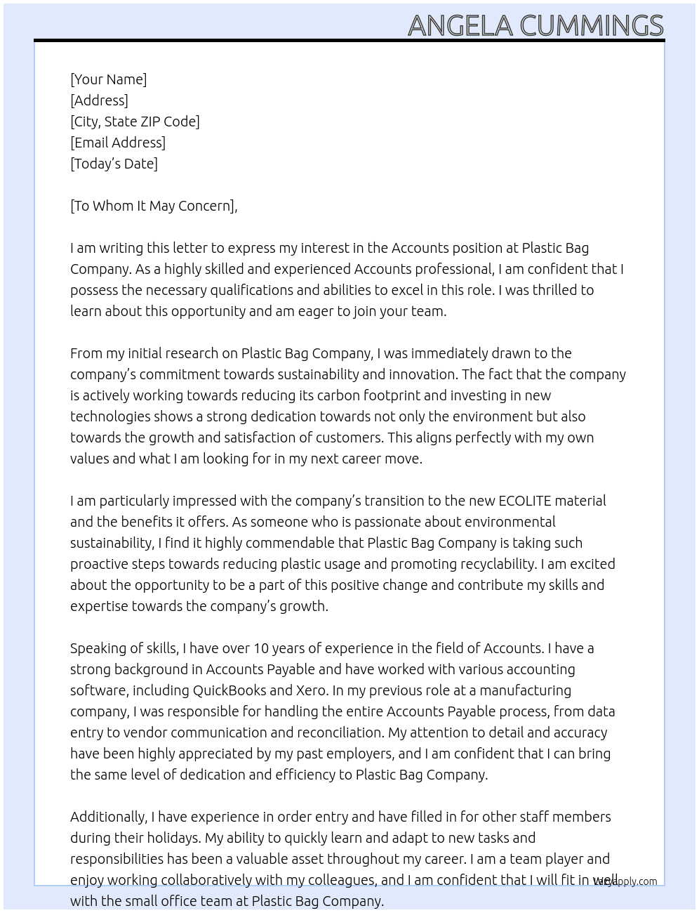 Accounts At PLASTICBAGCOMPANY Cover Letter