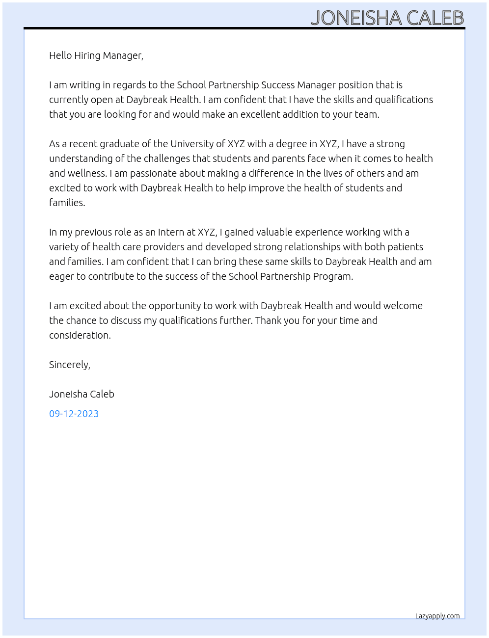 School partnership success manager At Daybreak Health Cover Letter