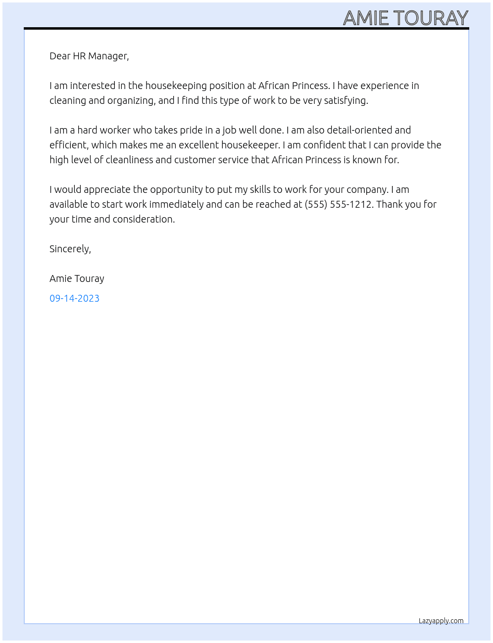 HOUSE KEEPING  At AFRICAN PRINCESS Cover Letter