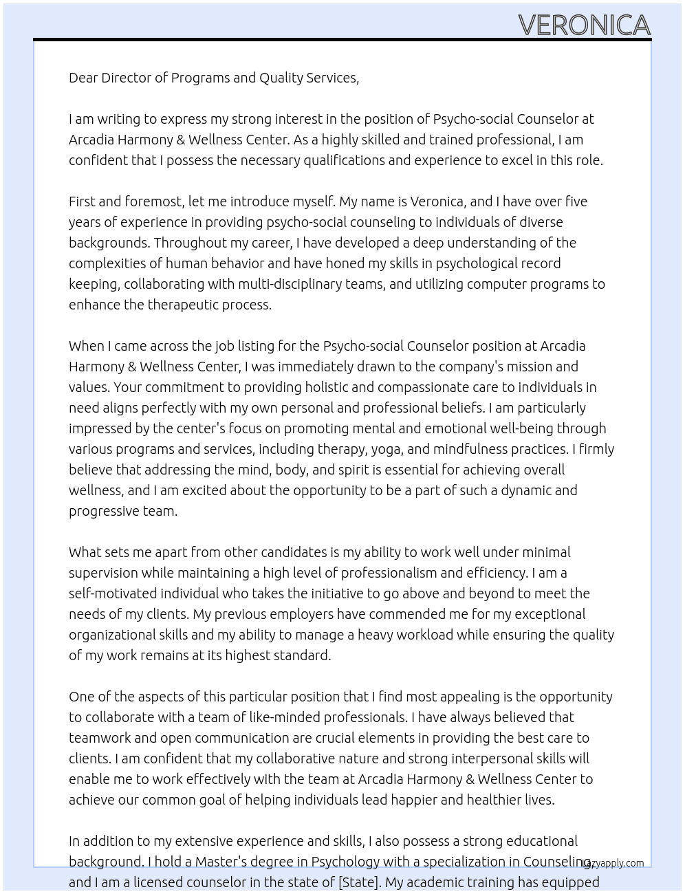 Psycho-social Counselor At Arcadia Harmony & Wellness Center Cover Letter