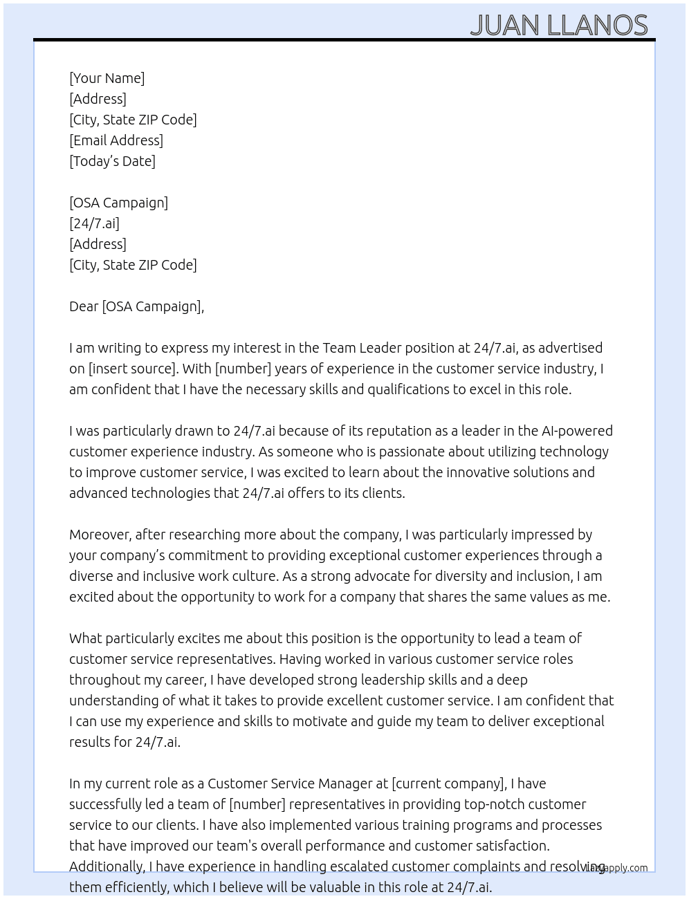 Team Leader At 24/7.ai Cover Letter