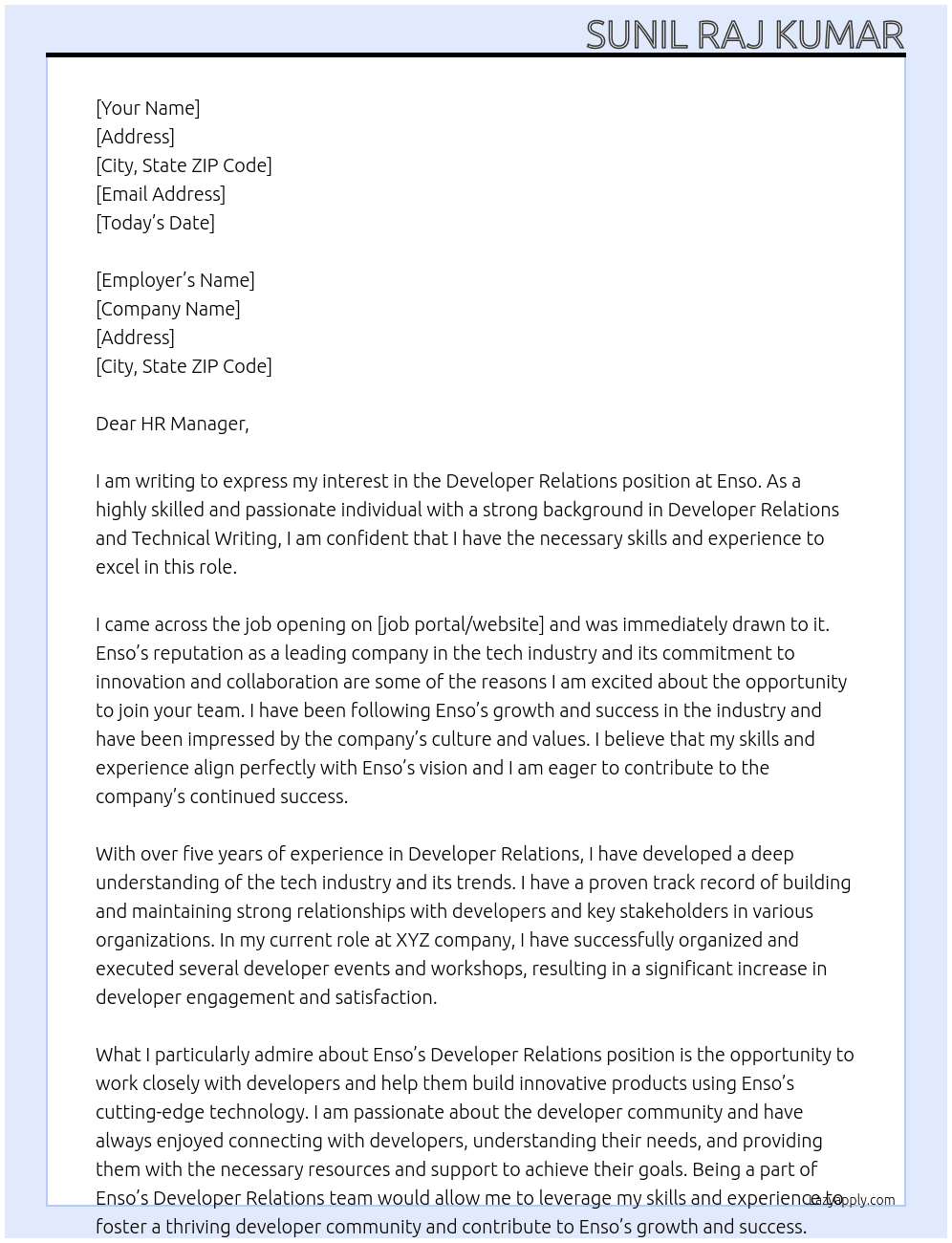 Developer Relations At Enso Cover Letter