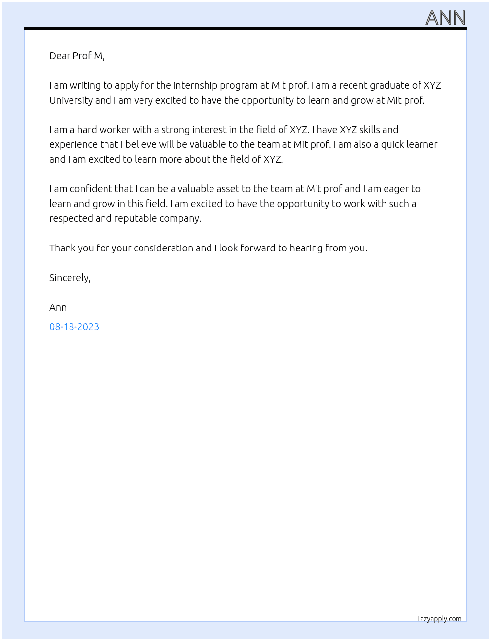 Internship program  At Mit prof Cover Letter