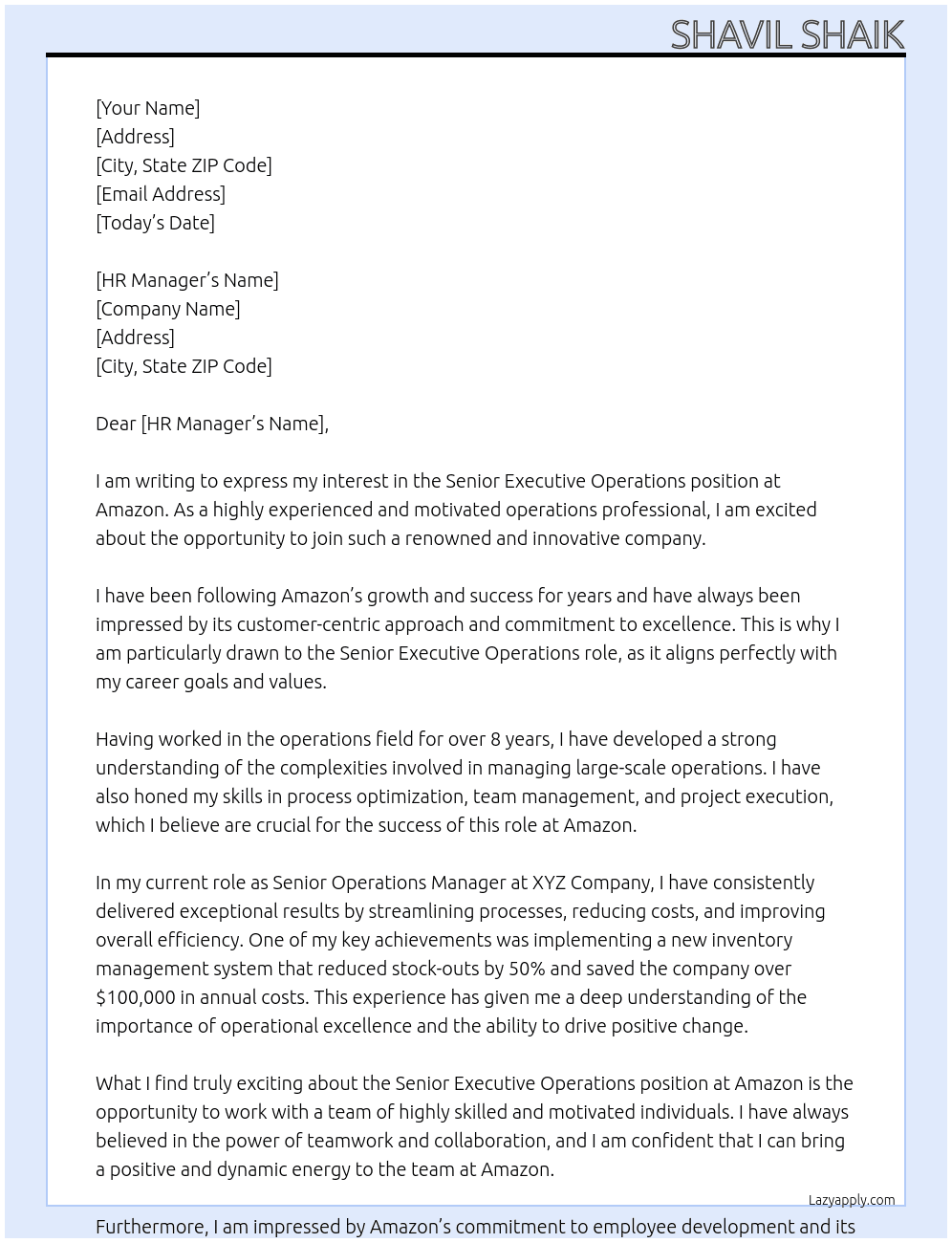 Senior Executive Operations At Amazon Cover Letter