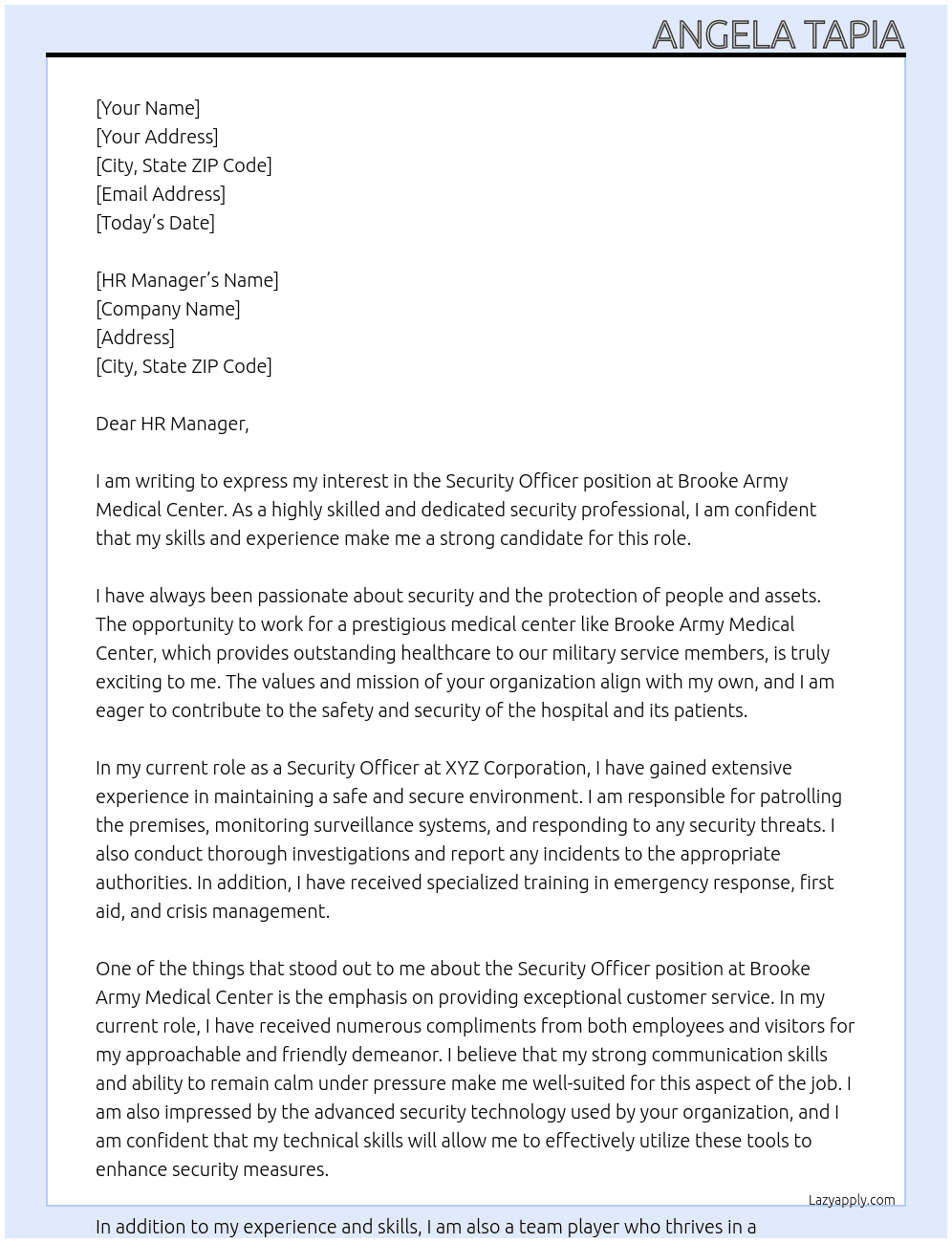 Security Officer At Brooke Army Medical Center Cover Letter