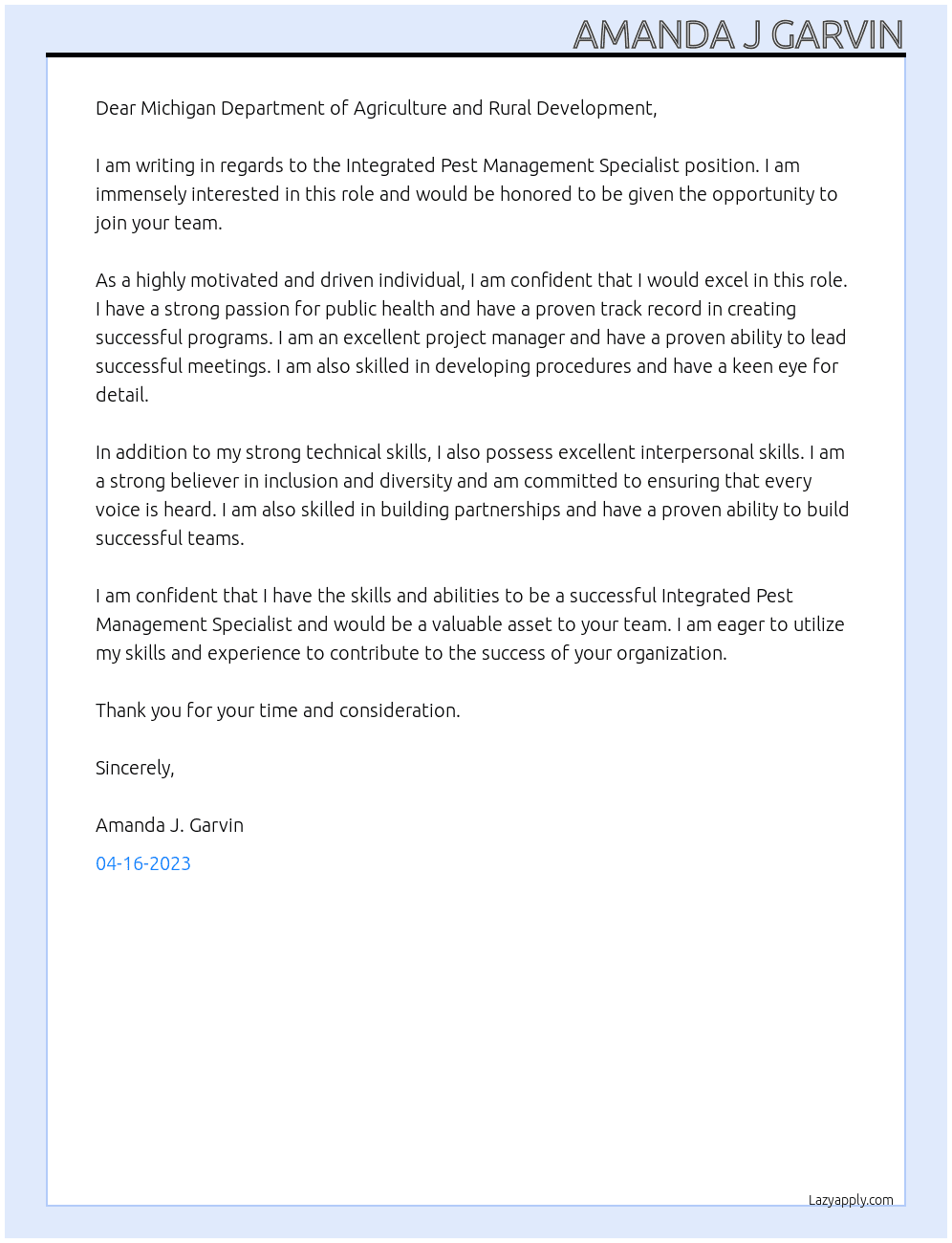 Integrated Pest Management Specialist  At Michigan Department Of Agriculture and Rural Development Cover Letter