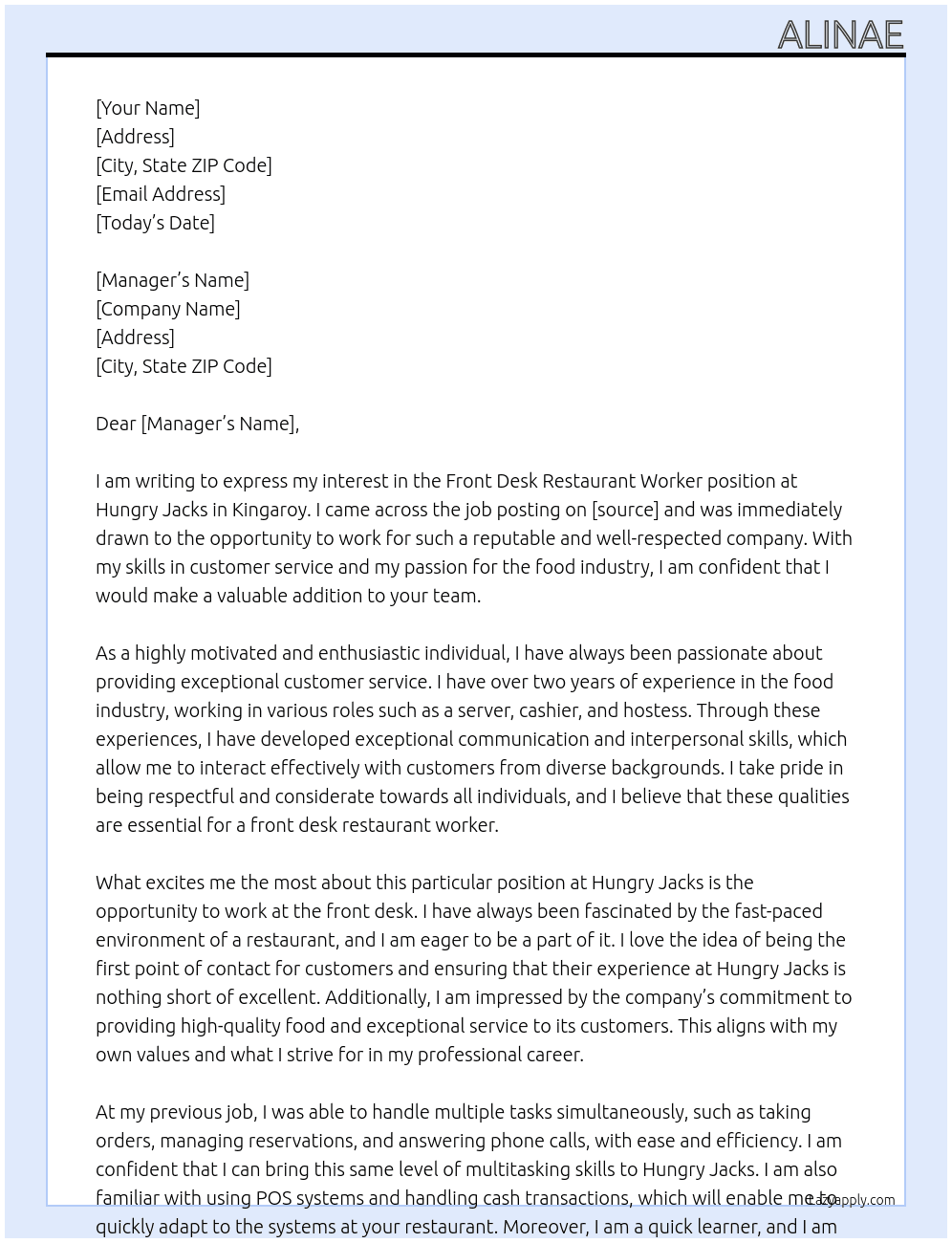 Front desk restaurant worker At Hungry Jacks Cover Letter