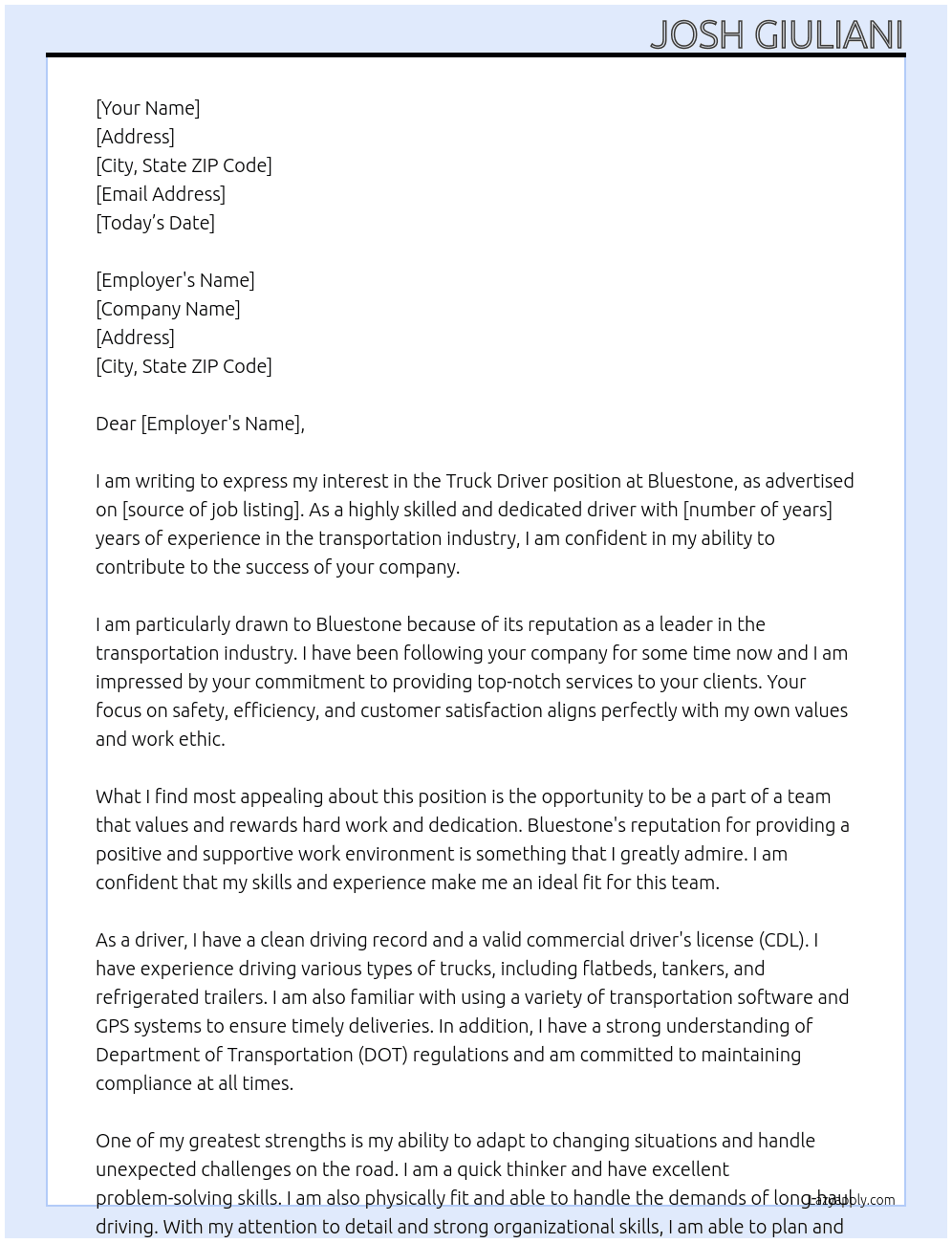 Truck Driver  At Bluestone Cover Letter