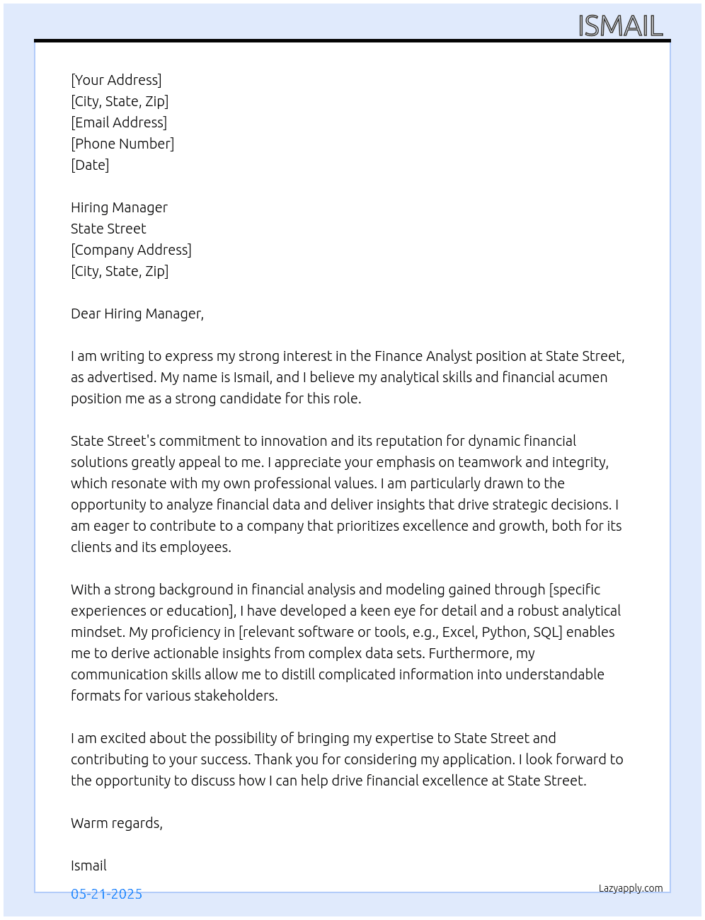 Finance Analystt At State Street  Cover Letter