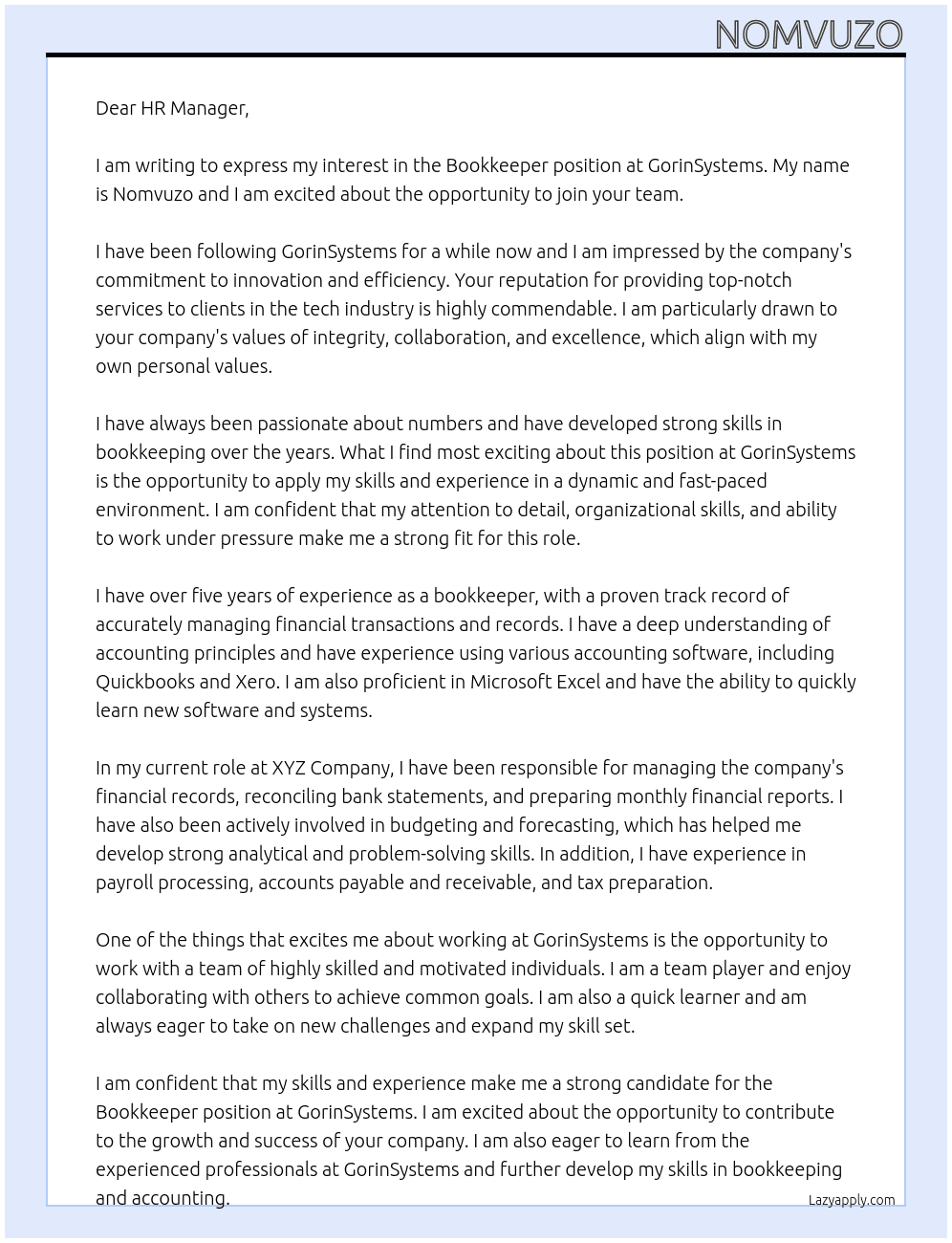 Book keeper  At GorinSystems Cover Letter