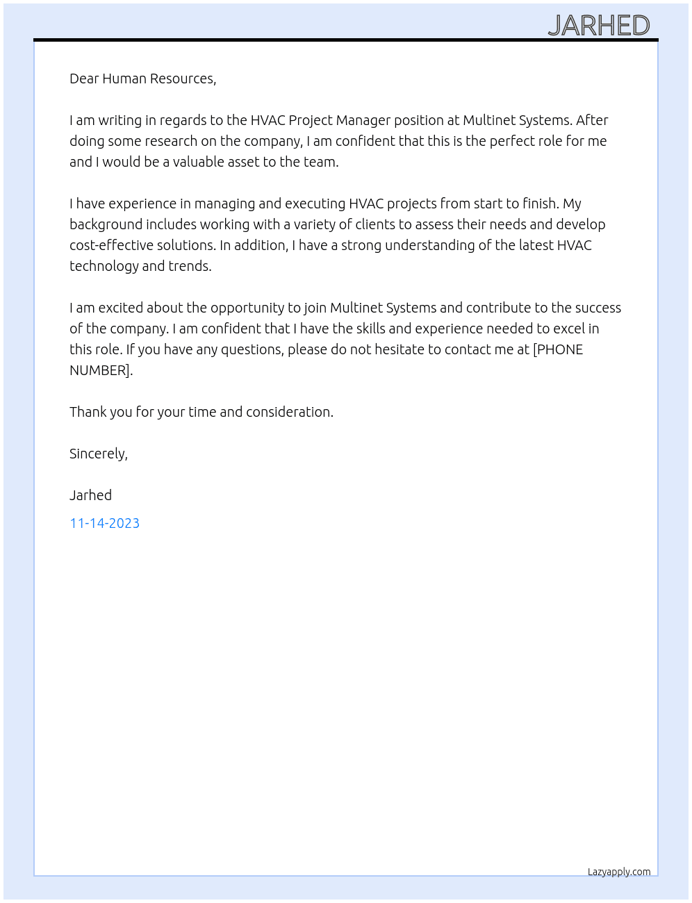 HVAC Project Manager At Multinet Systems Cover Letter