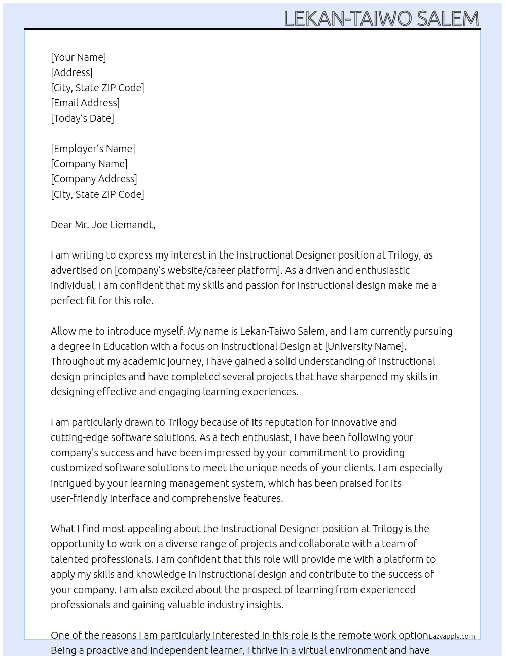 Instructional Designer At Trilogy Cover Letter