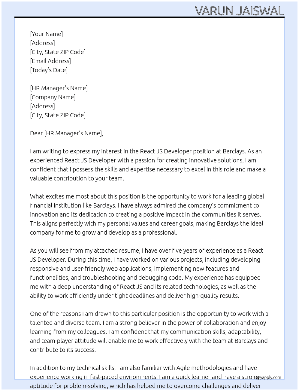 React JS developer At Barclays Cover Letter