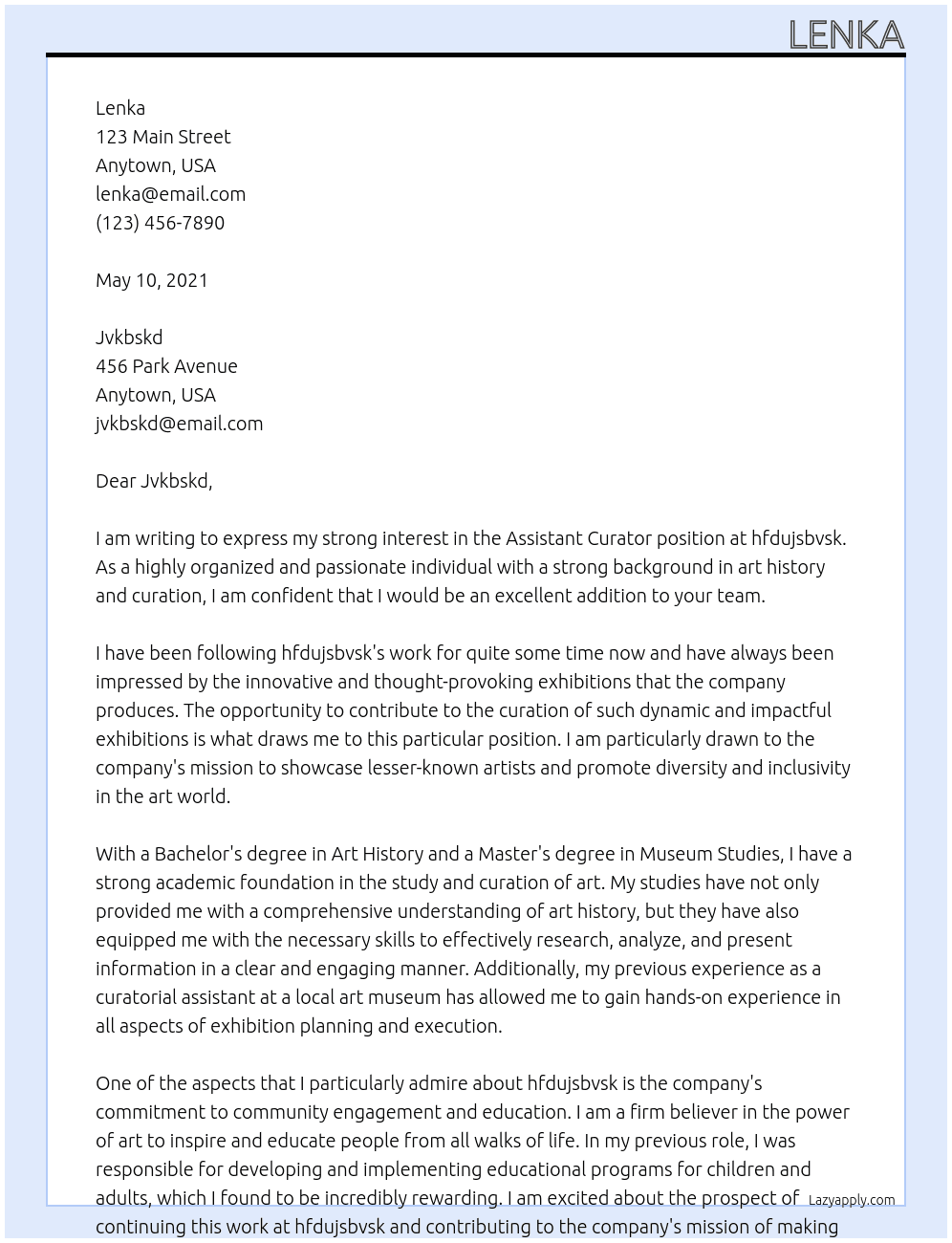 Assistant Curator At hfdujsbvsk Cover Letter