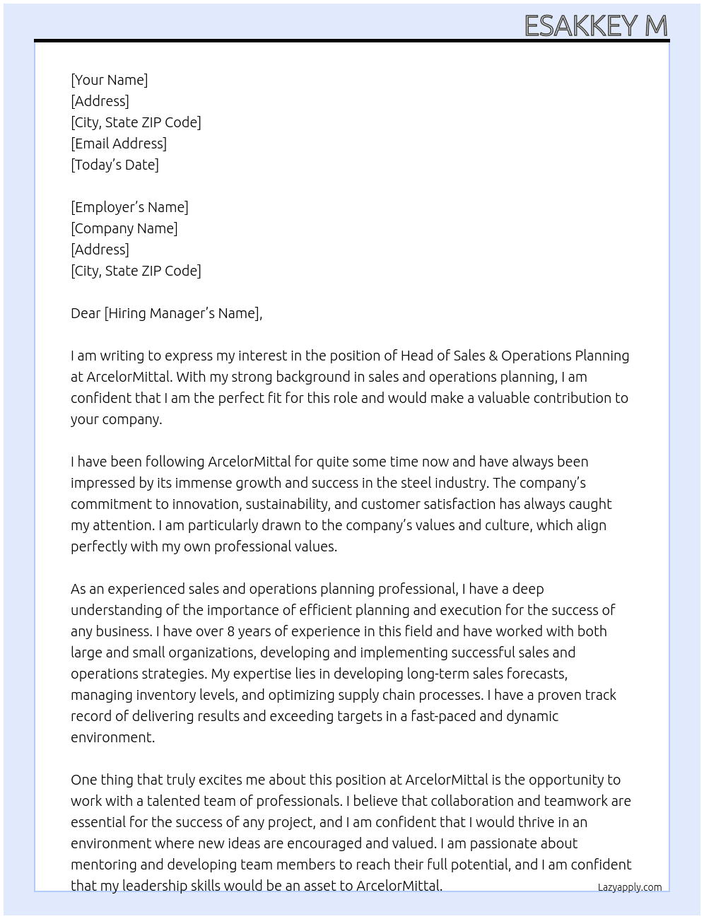 Head of Sales & Operations Planning At areceletpr mittal Cover Letter