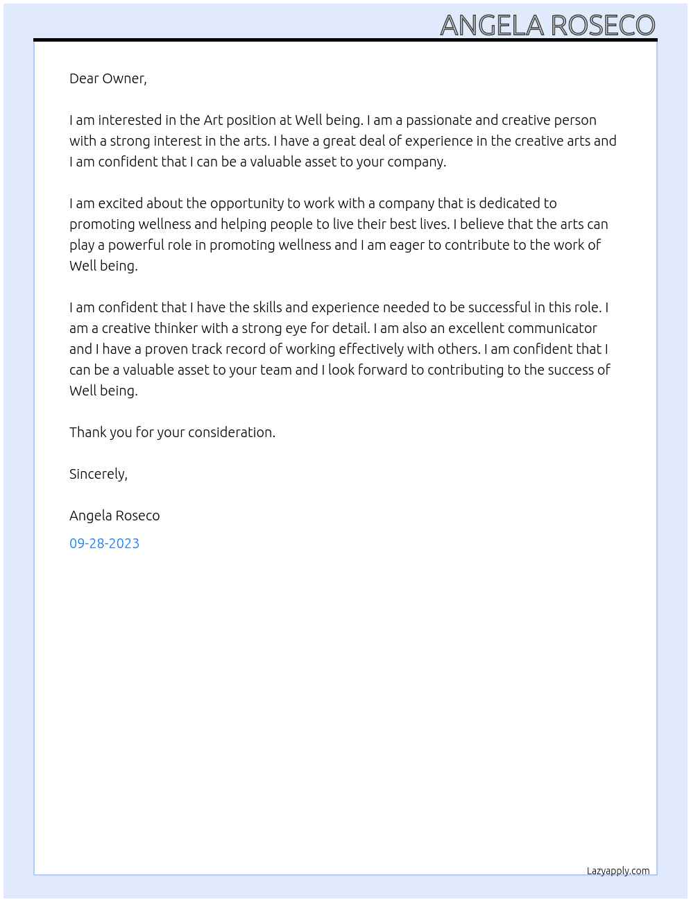 Art  At Well being  Cover Letter