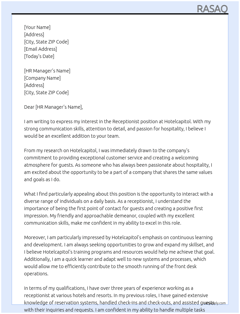 receptinist At hotelcapitol Cover Letter