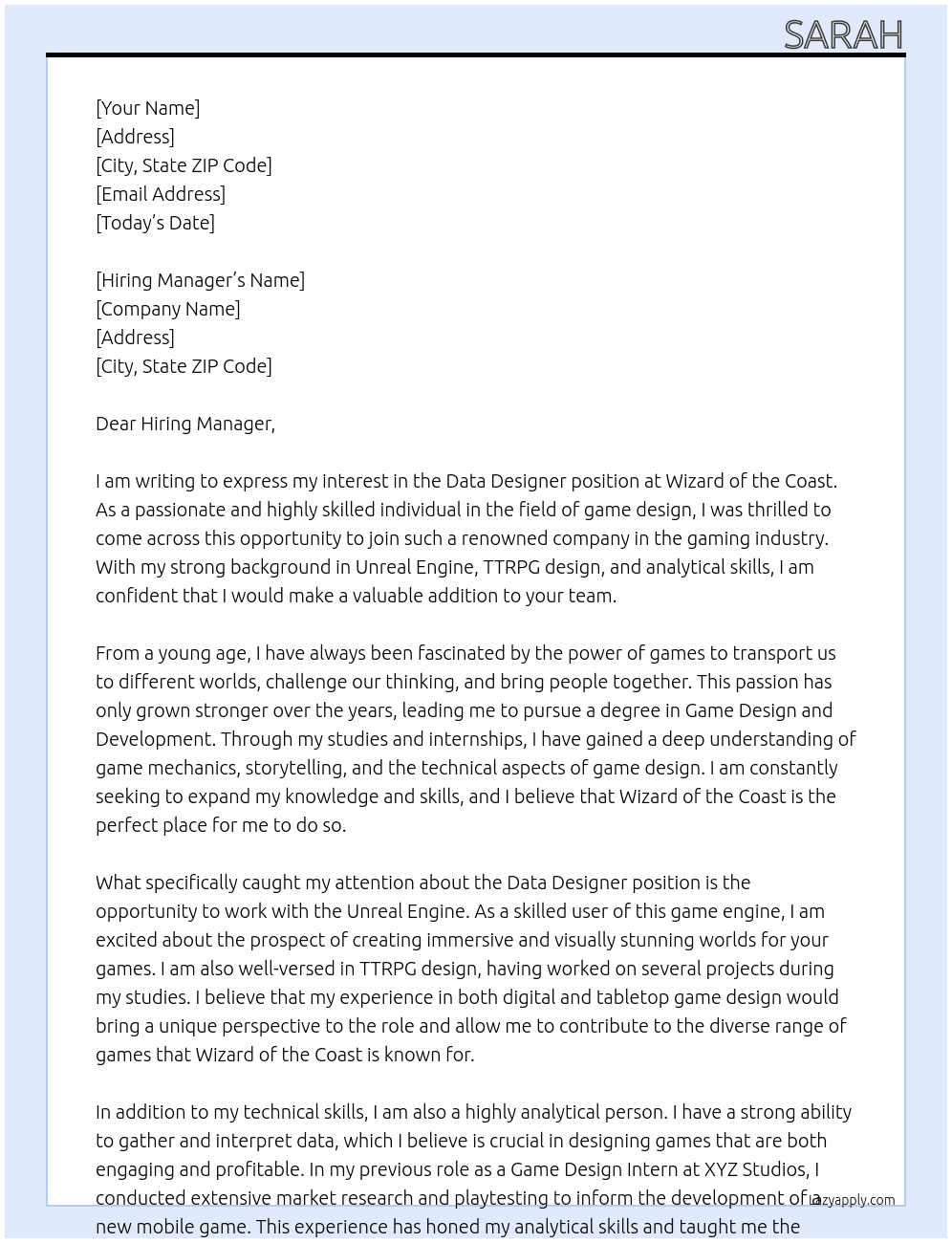 Data Designer At Wizard of the Coast Cover Letter