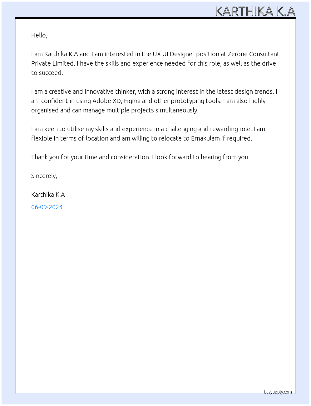Ux ui designer  At Zerone consultant private limited Cover Letter