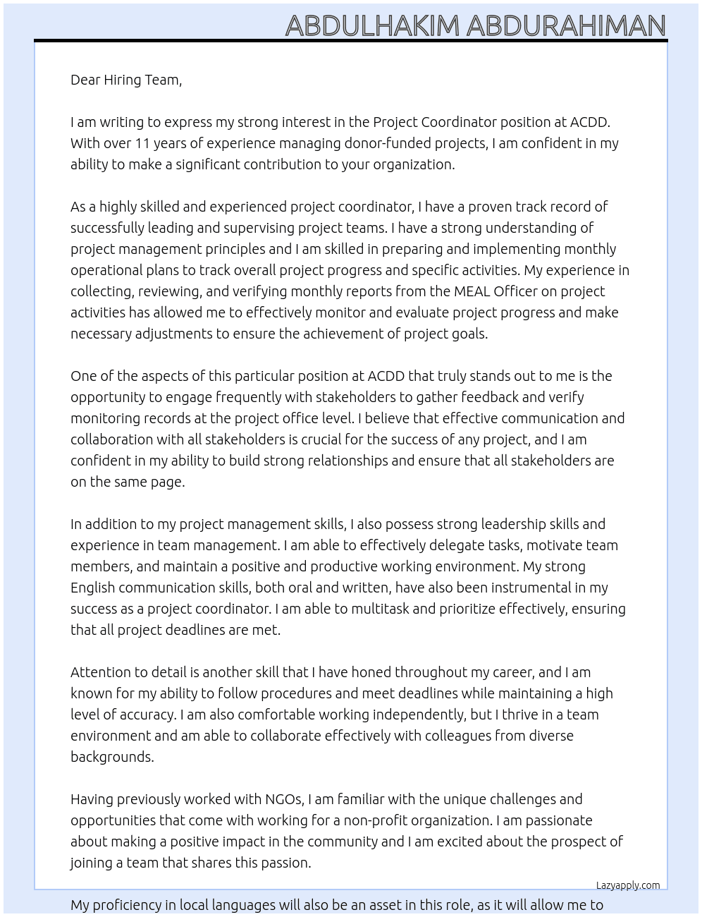 Project coordinator  At ACDD Cover Letter