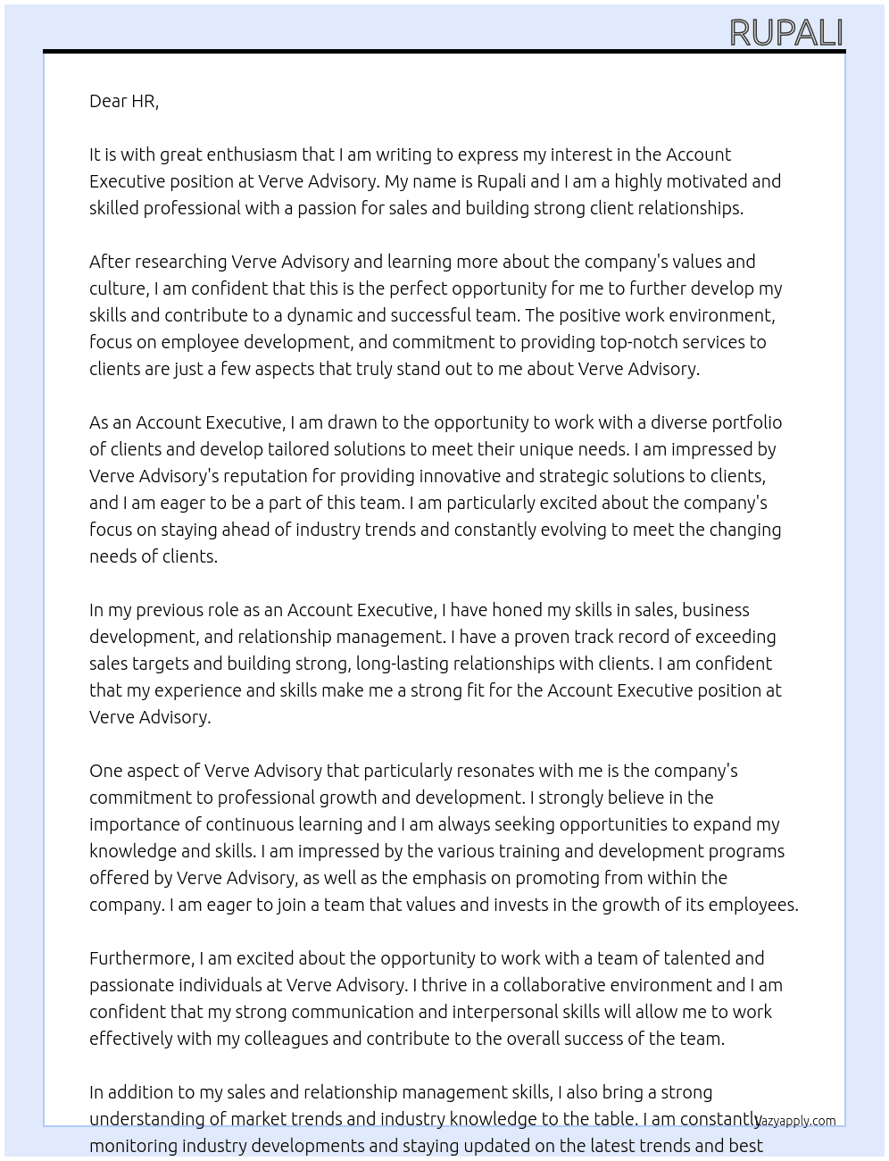 Account Executive At Verve Advisiory Cover Letter