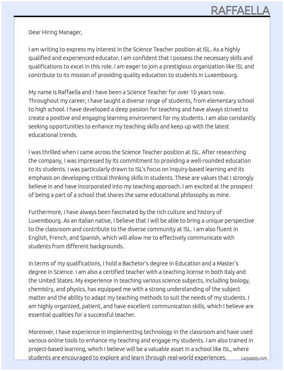 science teacher At ISL Cover Letter