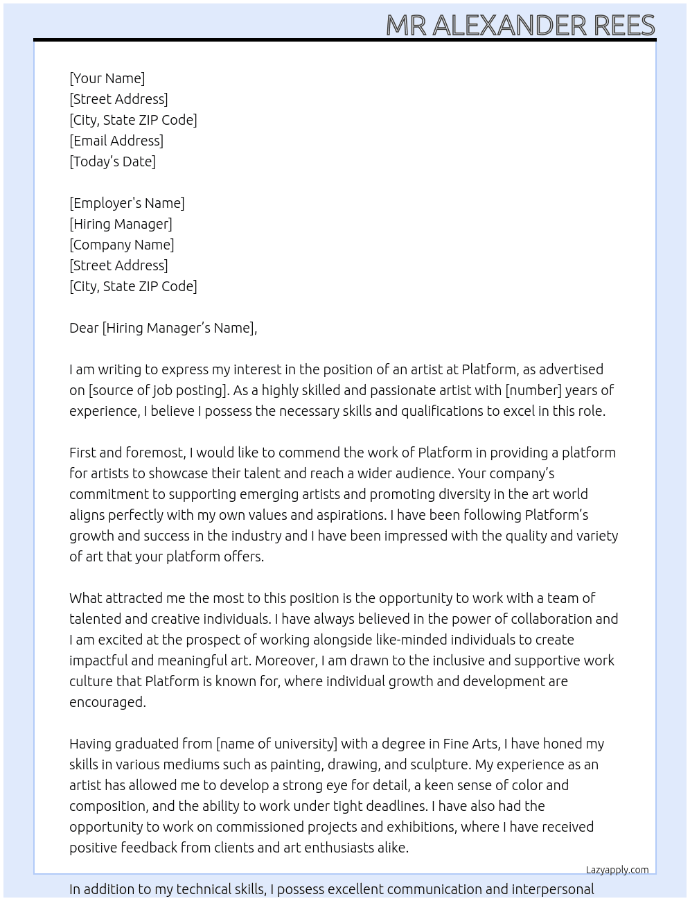 artist At platform  Cover Letter