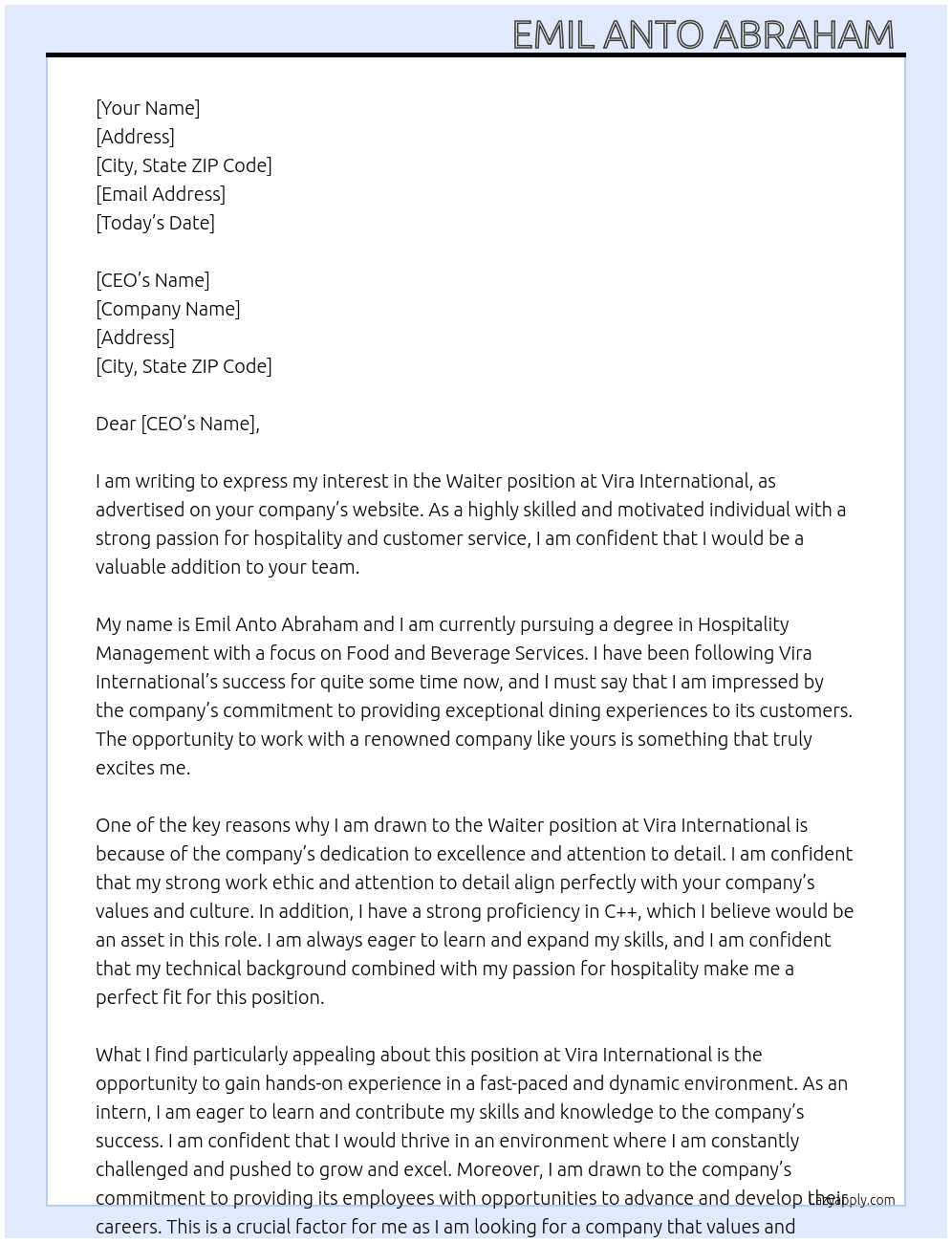 Waiter At Vira international  Cover Letter