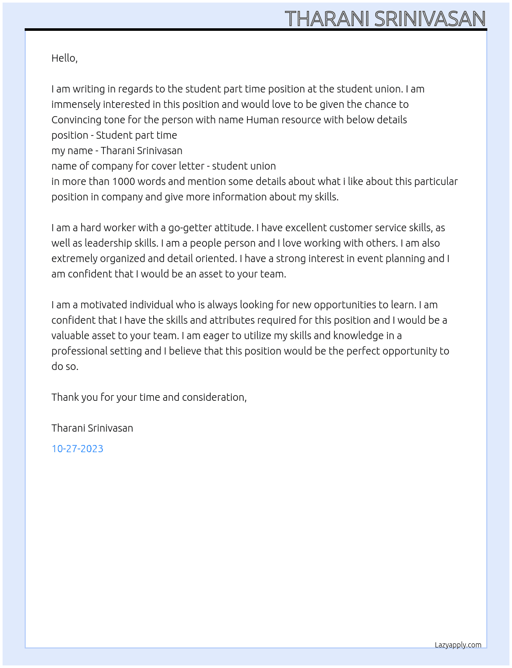 Student part time  At student union  Cover Letter