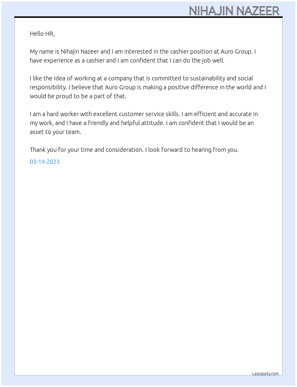 CASHIER At AURO GROUP  Cover Letter