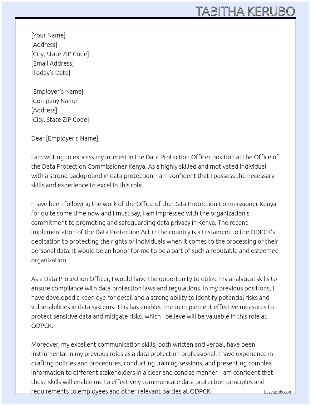 Data protection officer At Office of the data protection commissioner kenya Cover Letter