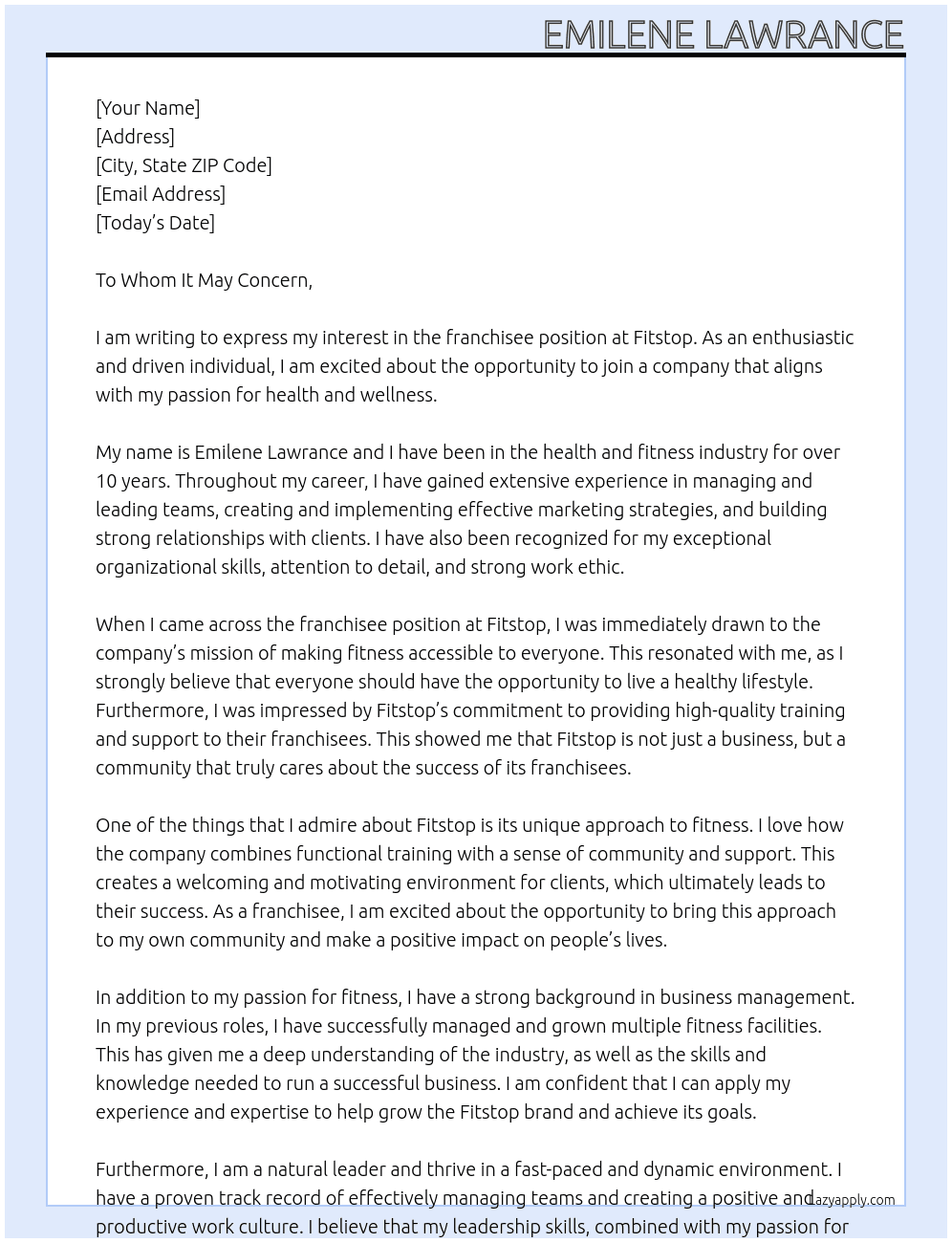 franchisee At Fitstop Cover Letter