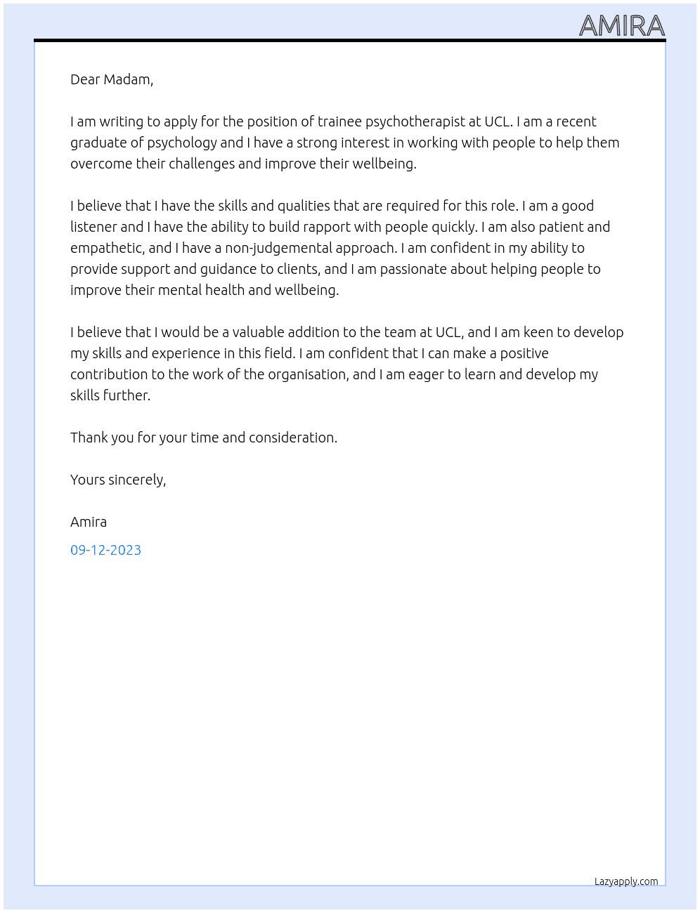 trainee psychotherapist At UCL Cover Letter