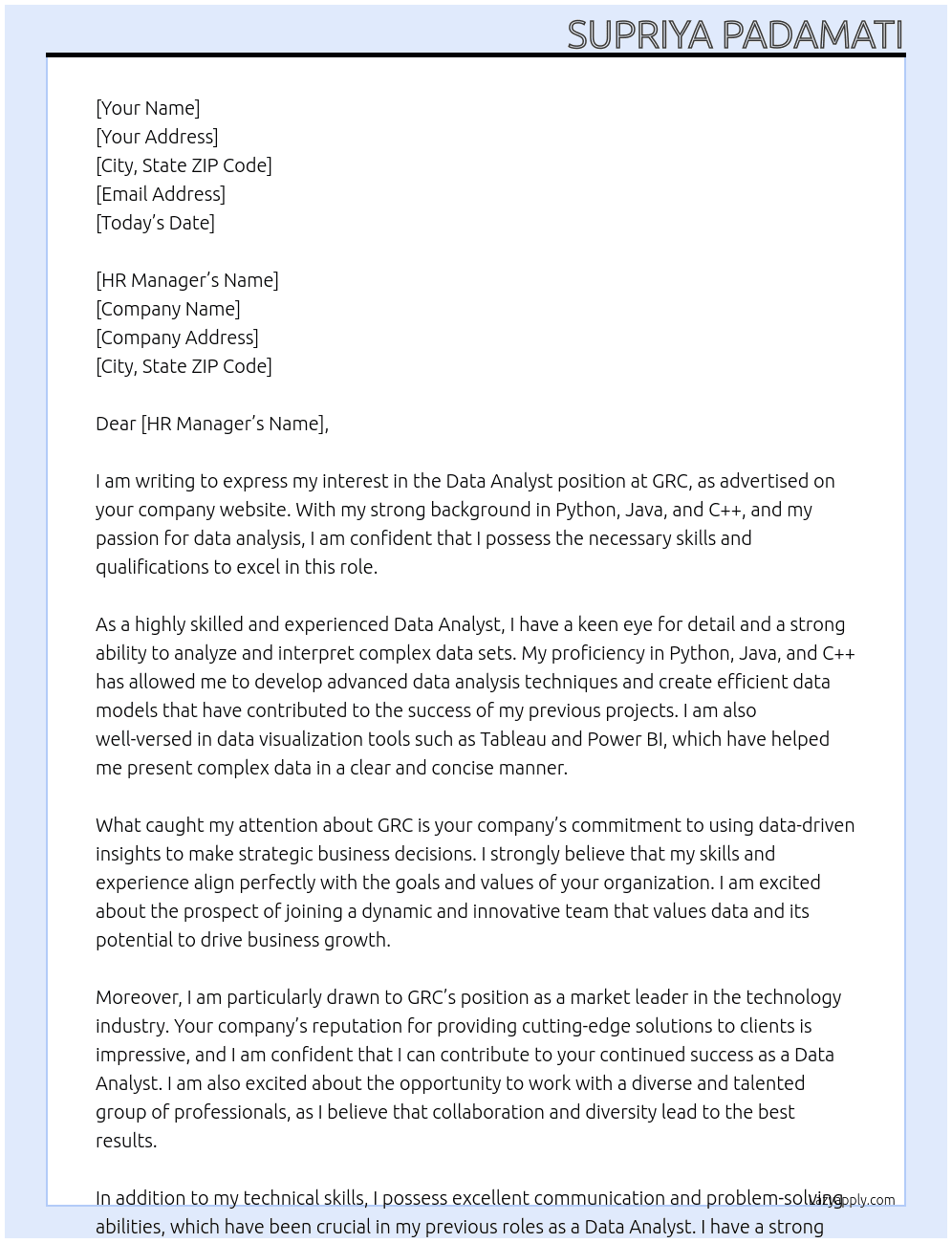 Data analyst  At GRC Cover Letter