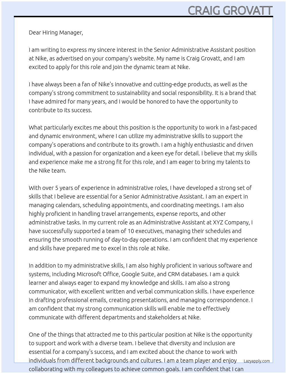 Senior Administrative Assistant At Nike Cover Letter