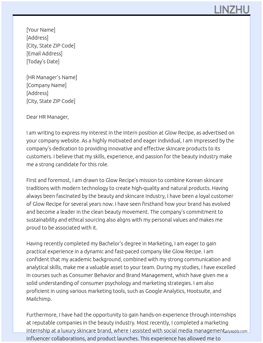 Intern At Glow Recipe Cover Letter