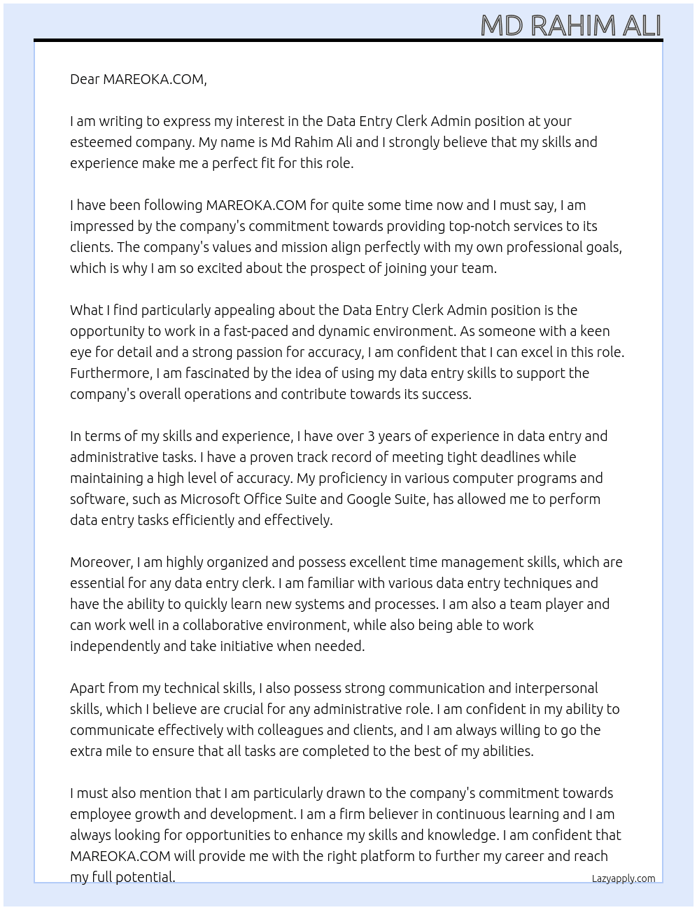 Data Entry Clerk Admin At MAREOKA.COM Cover Letter