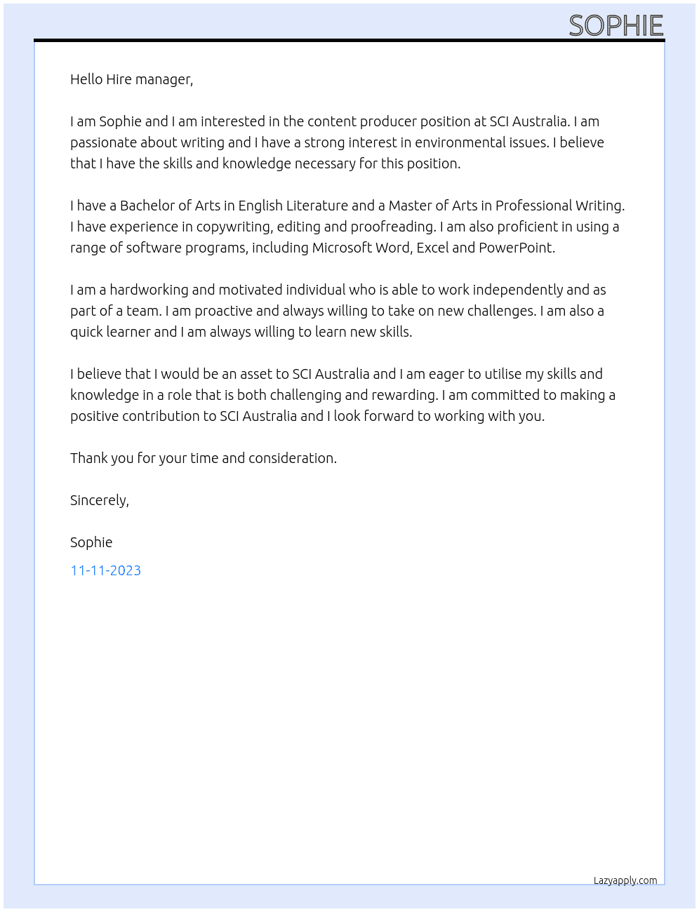 Content producer At SCI Australia Cover Letter