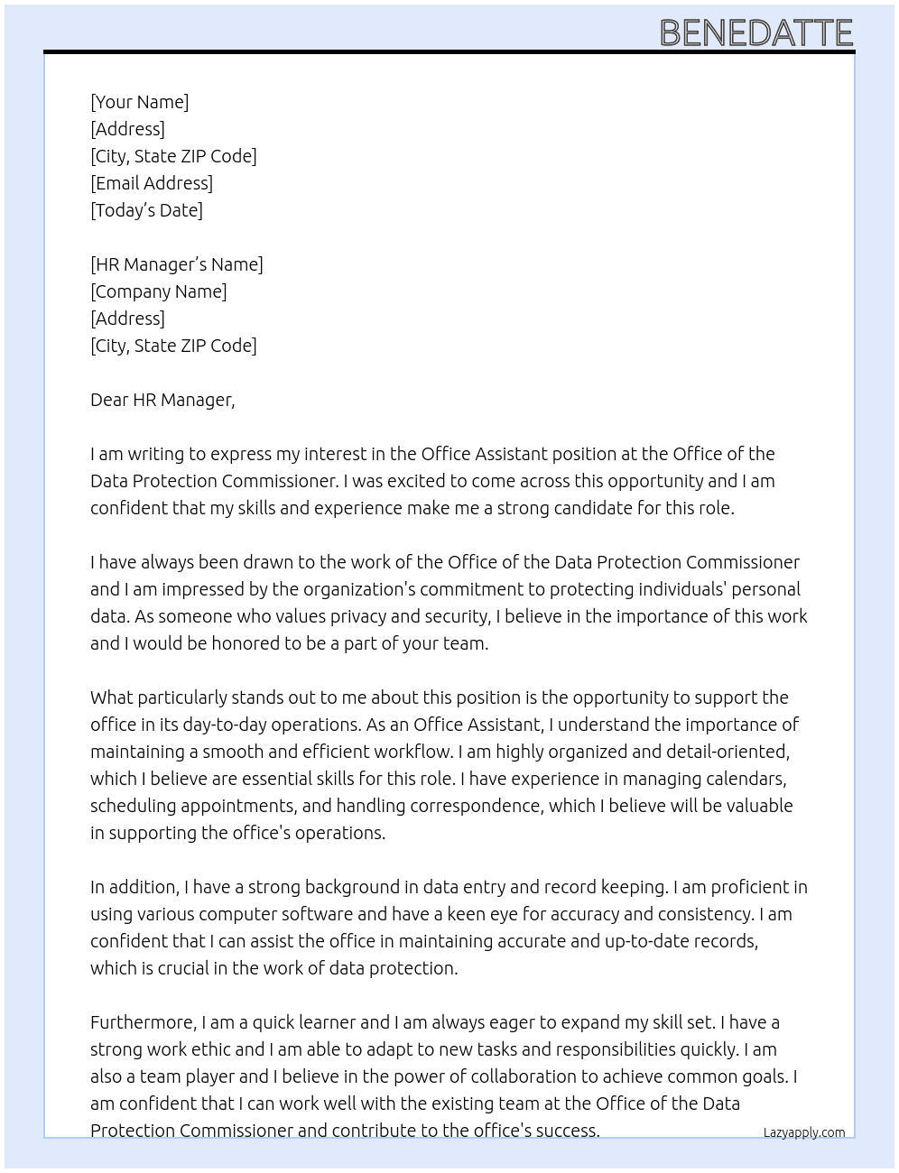 Office Assistant  At Office of the Data Protection Commissioner  Cover Letter