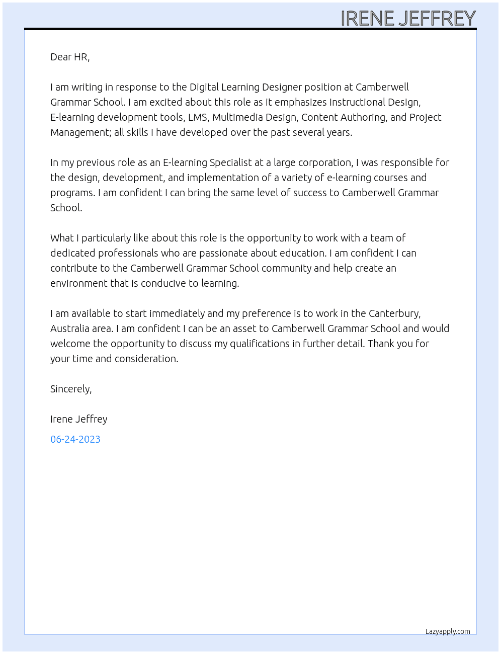 Digital Learning Designer At Camberwell Grammar School Cover Letter