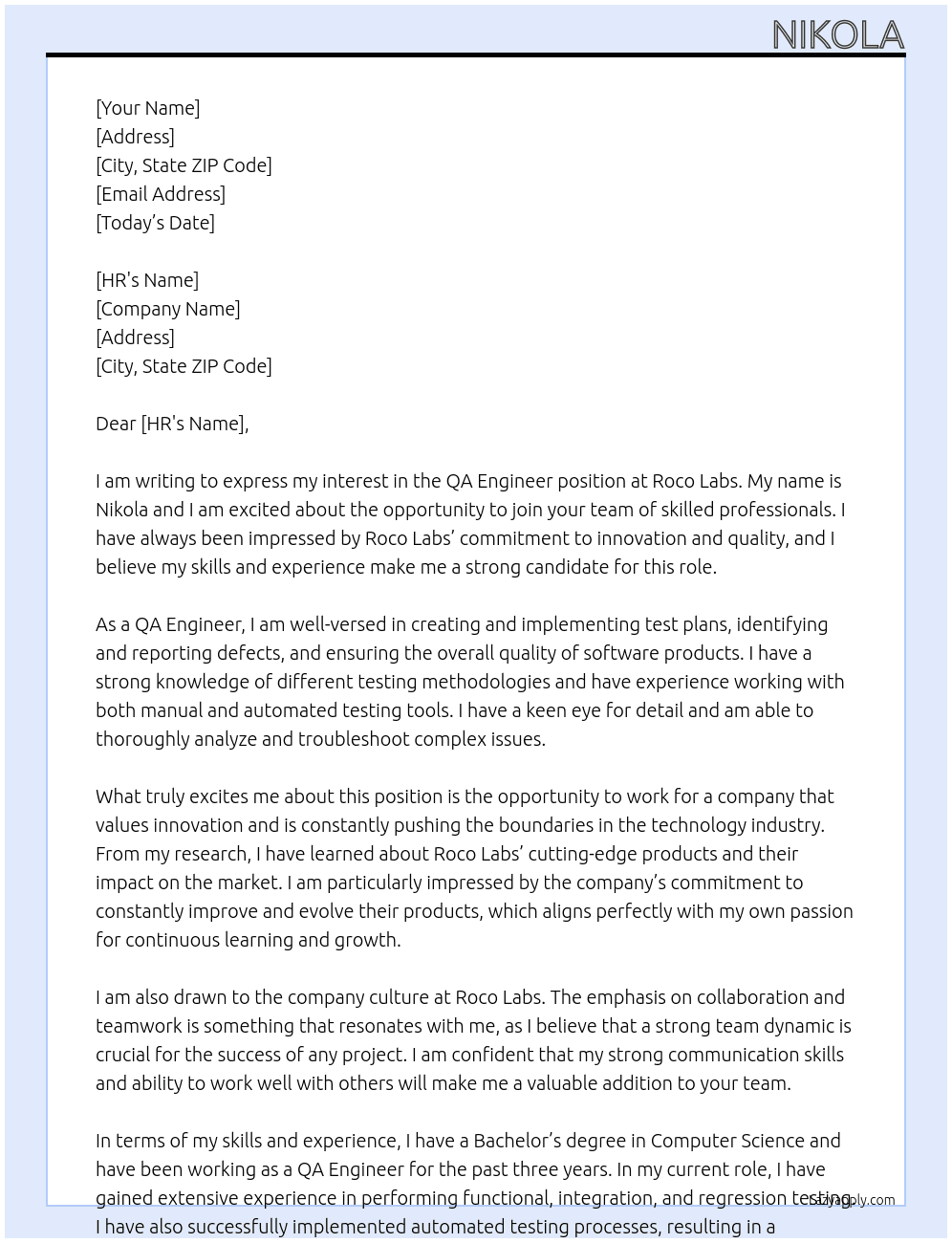qa engineer At Roco Labs Cover Letter