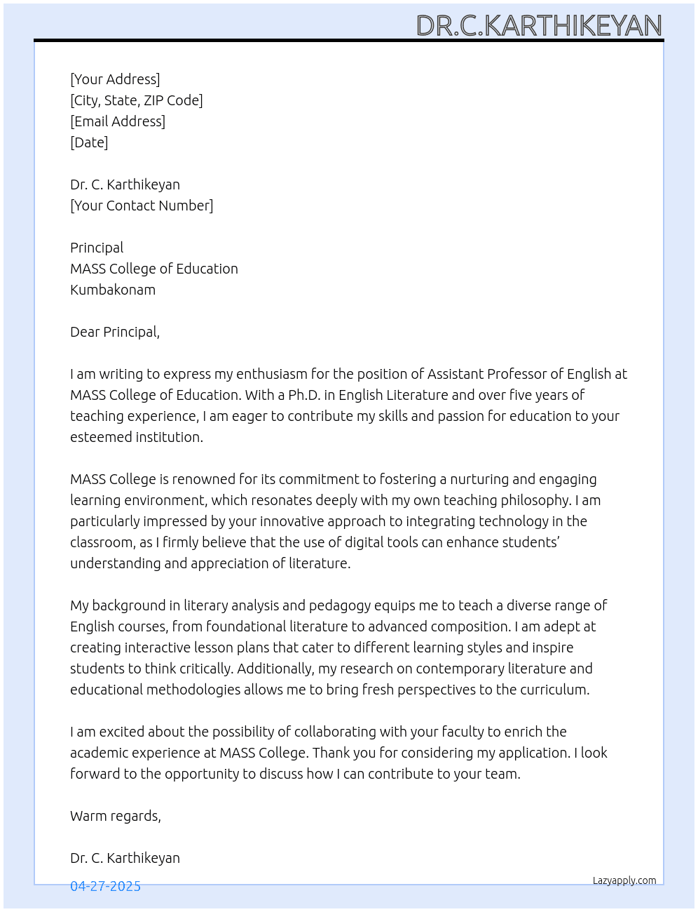 Cover letter for assistant professor of english - LazyApply