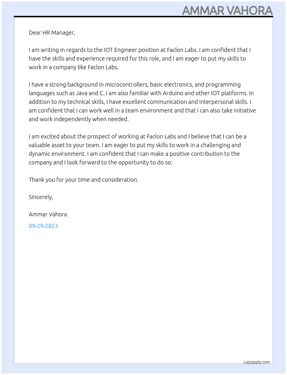 IOT Engineer At Faclon labs Cover Letter